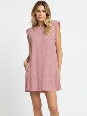 Elan T-shirt Mini Dress Short Sleeve Crew Red White Stripe Pocketed Women's Med